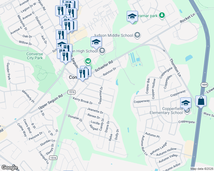 map of restaurants, bars, coffee shops, grocery stores, and more near 302 Castle Court in Converse