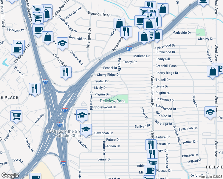 map of restaurants, bars, coffee shops, grocery stores, and more near 542 Lively Drive in San Antonio