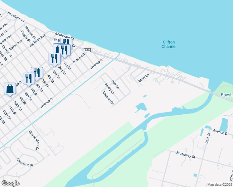 map of restaurants, bars, coffee shops, grocery stores, and more near 5203 Misty Lane in Bacliff