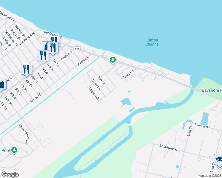 map of restaurants, bars, coffee shops, grocery stores, and more near 5231 Bay Lane in Bacliff