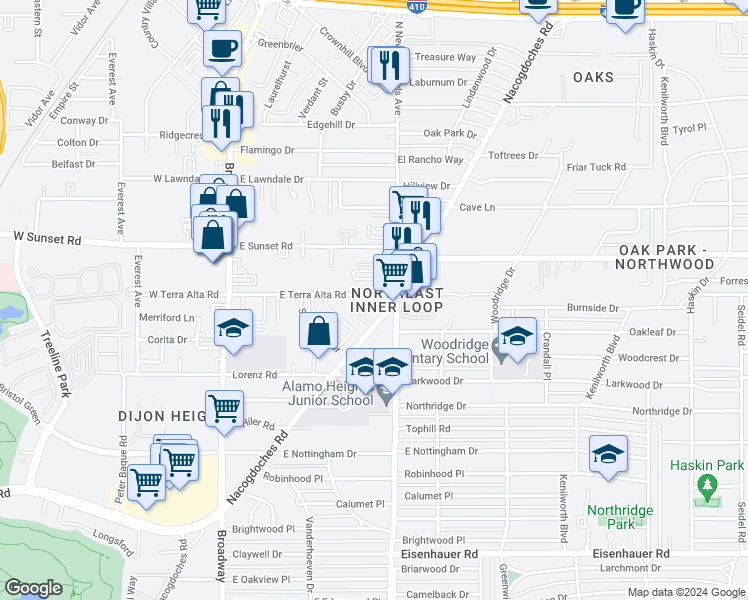 map of restaurants, bars, coffee shops, grocery stores, and more near 354 East Terra Alta Road in San Antonio