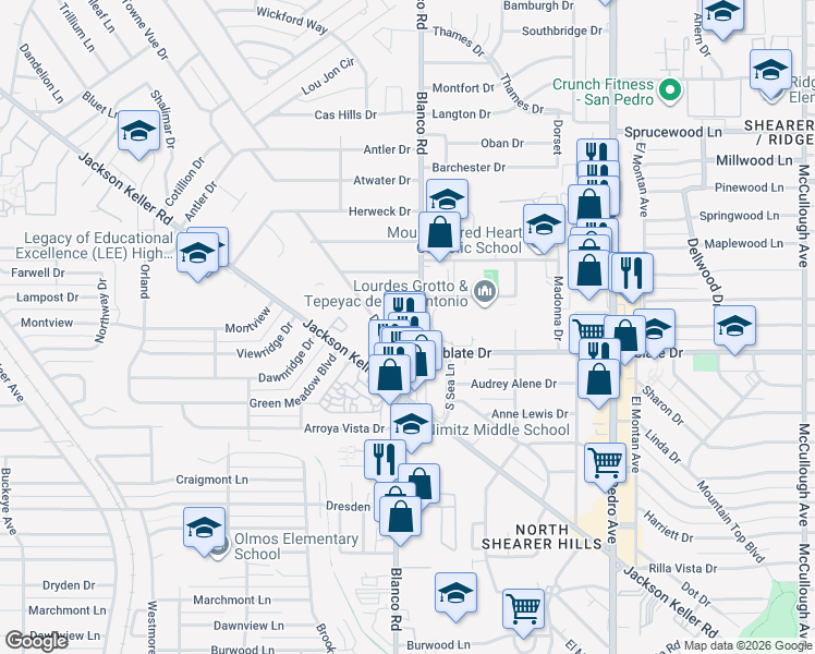 map of restaurants, bars, coffee shops, grocery stores, and more near 5703 Blanco Road in San Antonio