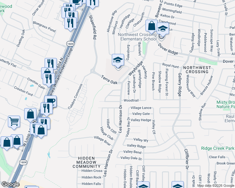 map of restaurants, bars, coffee shops, grocery stores, and more near 7318 Weybridge in San Antonio
