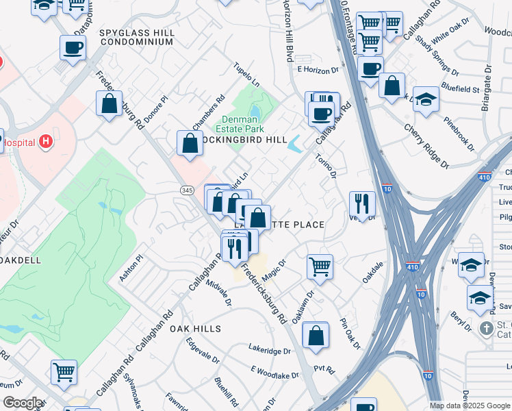 map of restaurants, bars, coffee shops, grocery stores, and more near 7551 Callaghan Road in San Antonio