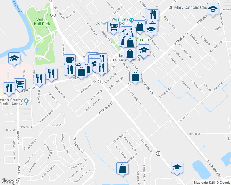 map of restaurants, bars, coffee shops, grocery stores, and more near 102 E Walker St in League City
