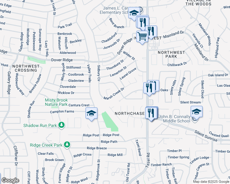 map of restaurants, bars, coffee shops, grocery stores, and more near 9415 Marsh Creek Drive in San Antonio