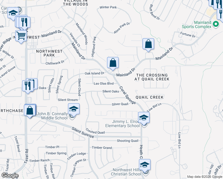 map of restaurants, bars, coffee shops, grocery stores, and more near 8655 Silent Oaks in San Antonio