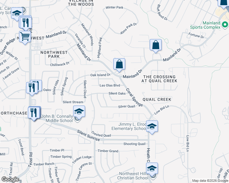 map of restaurants, bars, coffee shops, grocery stores, and more near 8655 Silent Oaks in San Antonio
