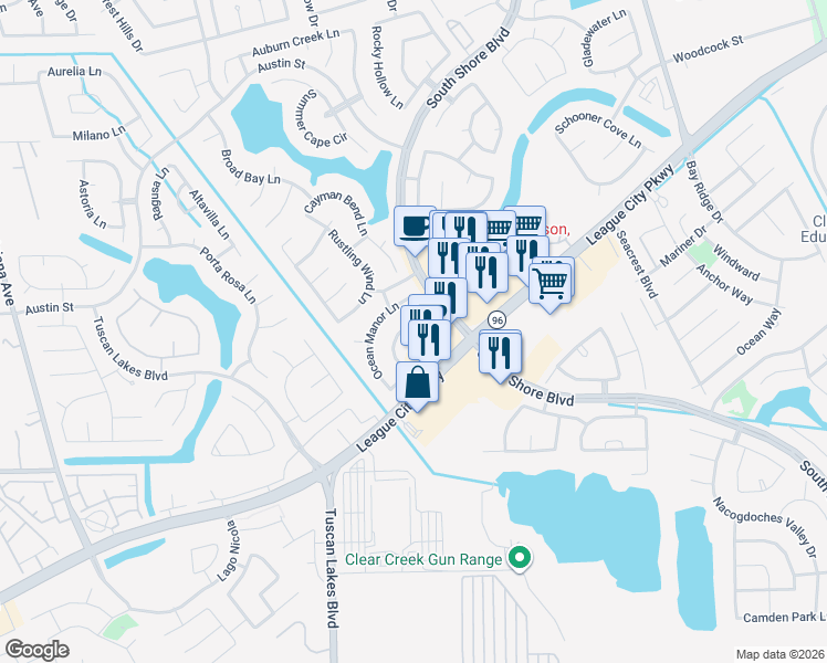 map of restaurants, bars, coffee shops, grocery stores, and more near 1281 Evening Bay Lane in League City