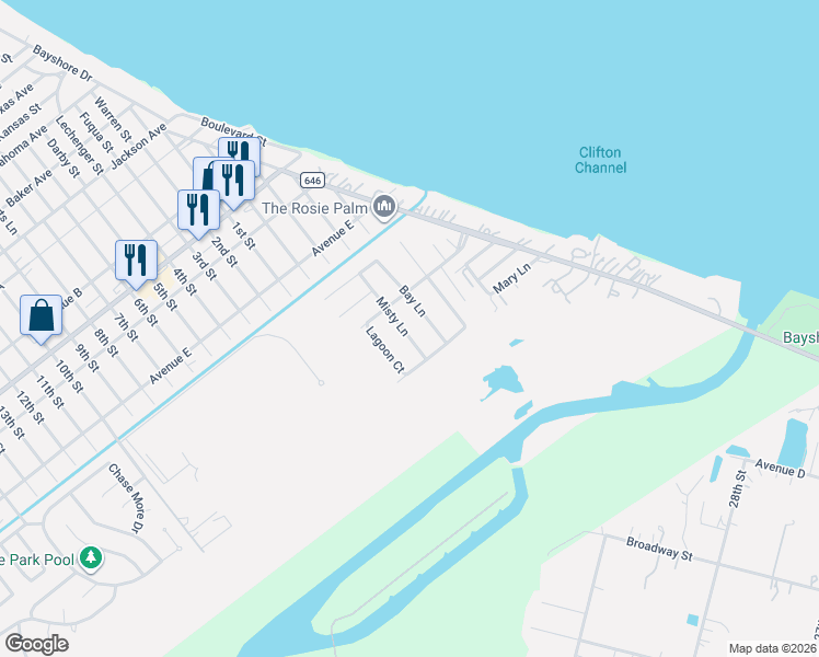 map of restaurants, bars, coffee shops, grocery stores, and more near 5203 Misty Lane in Bacliff