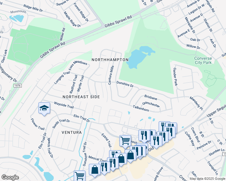 map of restaurants, bars, coffee shops, grocery stores, and more near 8027 Cantura Mills in Converse