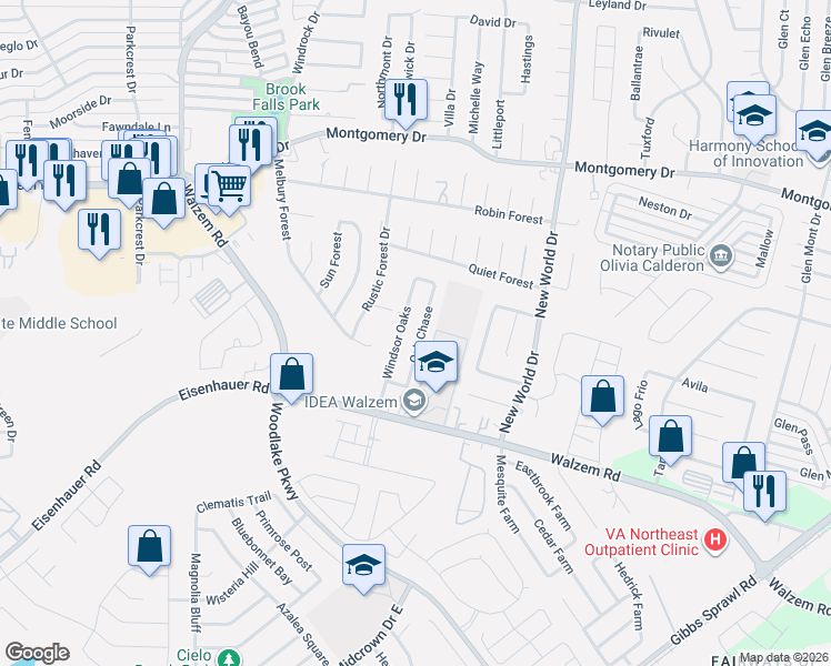 map of restaurants, bars, coffee shops, grocery stores, and more near 7572 Oak Chase in San Antonio