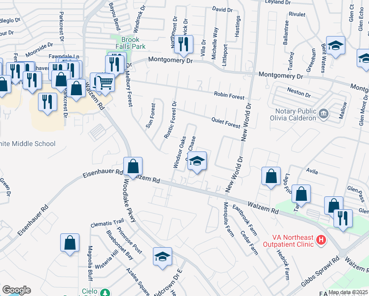 map of restaurants, bars, coffee shops, grocery stores, and more near 7572 Oak Chase in San Antonio