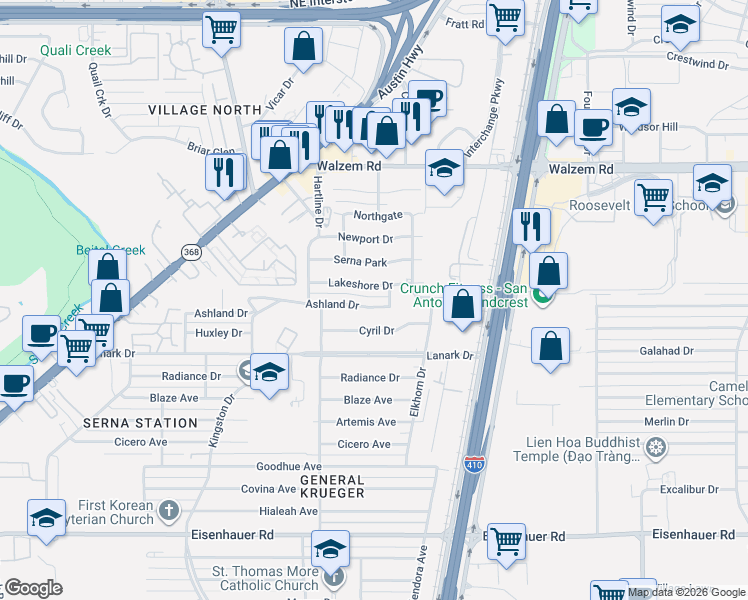 map of restaurants, bars, coffee shops, grocery stores, and more near 354 Ashland Drive in San Antonio