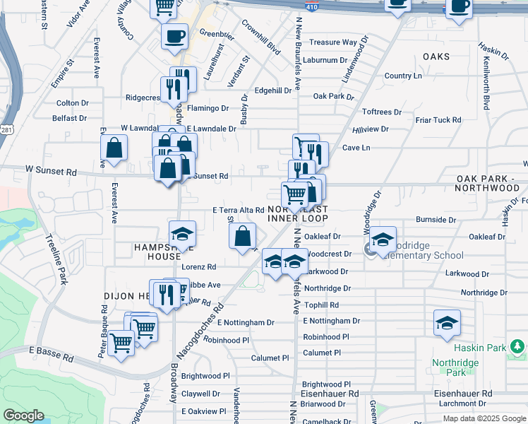 map of restaurants, bars, coffee shops, grocery stores, and more near 7614 Woodhaven Street in San Antonio