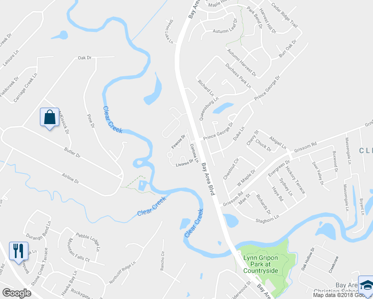 map of restaurants, bars, coffee shops, grocery stores, and more near 3439 Tuscania Lane in Friendswood