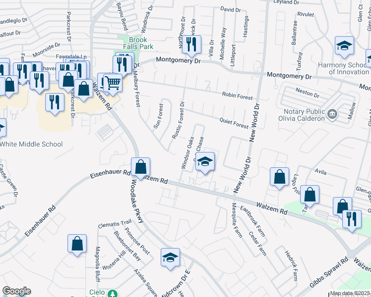 map of restaurants, bars, coffee shops, grocery stores, and more near 7555 Windsor Oaks in San Antonio