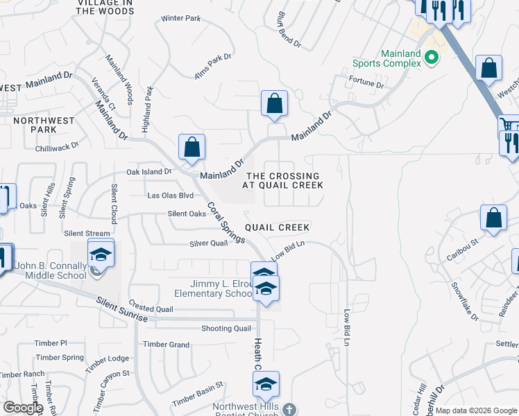 map of restaurants, bars, coffee shops, grocery stores, and more near 7203 Burns Way in San Antonio