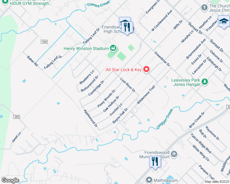 map of restaurants, bars, coffee shops, grocery stores, and more near 1304 Piney Woods Drive in Friendswood
