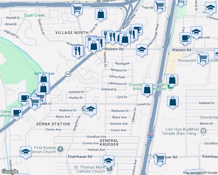 map of restaurants, bars, coffee shops, grocery stores, and more near 322 Ashland Drive in San Antonio