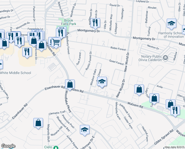 map of restaurants, bars, coffee shops, grocery stores, and more near 7555 Windsor Oaks in San Antonio