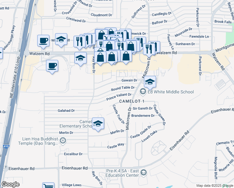 map of restaurants, bars, coffee shops, grocery stores, and more near 5258 Prince Valiant in San Antonio