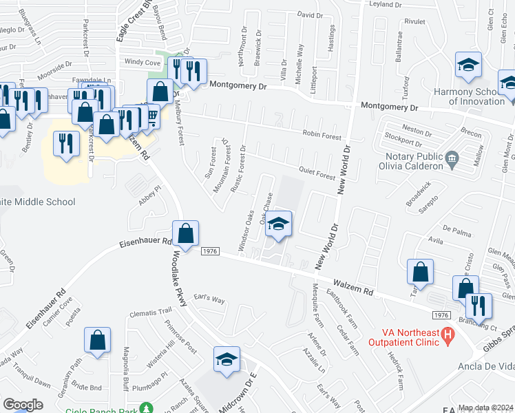 map of restaurants, bars, coffee shops, grocery stores, and more near 7572 Oak Chase in San Antonio