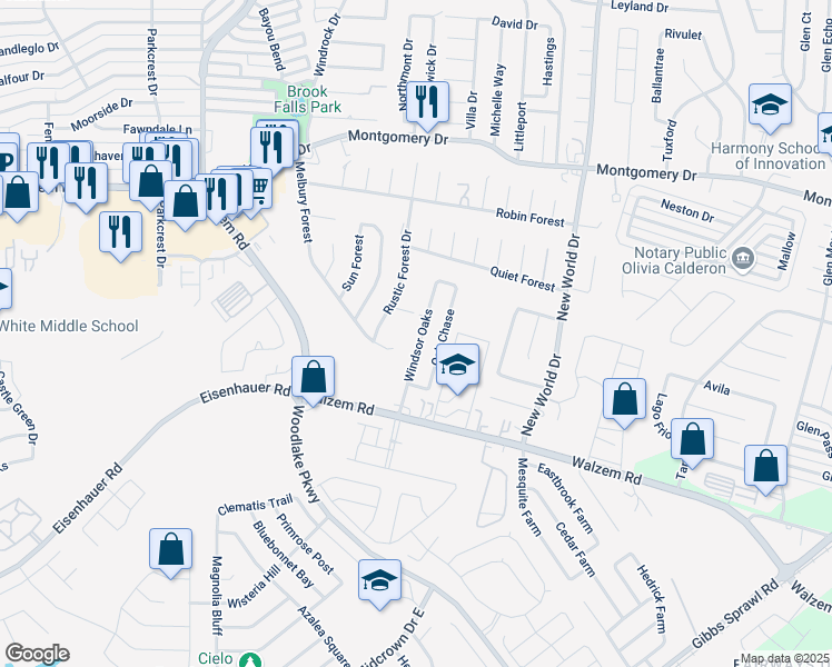 map of restaurants, bars, coffee shops, grocery stores, and more near 7555 Windsor Oaks in San Antonio