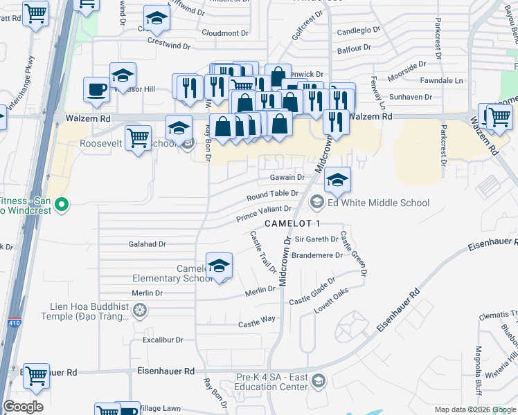 map of restaurants, bars, coffee shops, grocery stores, and more near 5258 Prince Valiant in San Antonio