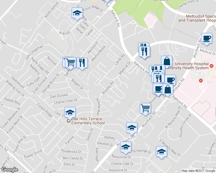 map of restaurants, bars, coffee shops, grocery stores, and more near Rowley Road in San Antonio