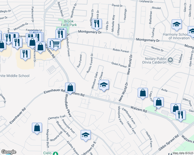 map of restaurants, bars, coffee shops, grocery stores, and more near 7572 Oak Chase in San Antonio