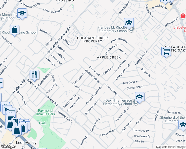 map of restaurants, bars, coffee shops, grocery stores, and more near 6103 Walking Gait Drive in San Antonio