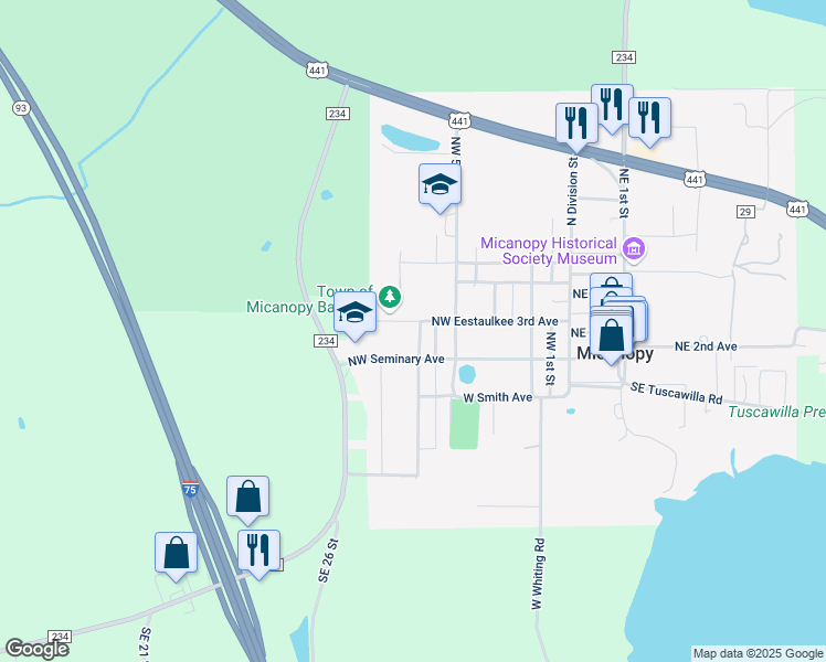 map of restaurants, bars, coffee shops, grocery stores, and more near 208 Northwest 7 Street in Micanopy
