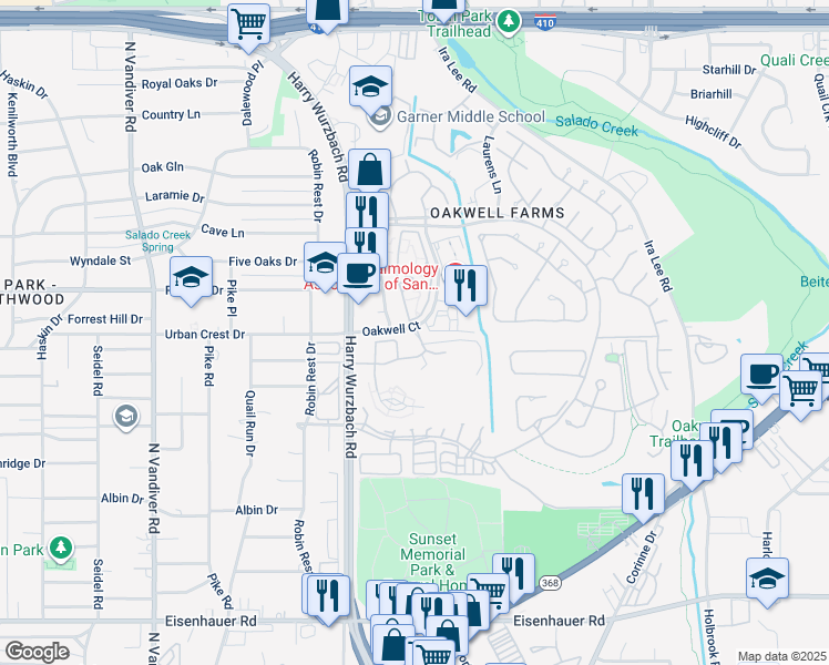 map of restaurants, bars, coffee shops, grocery stores, and more near 3316 Oakwell Court in San Antonio