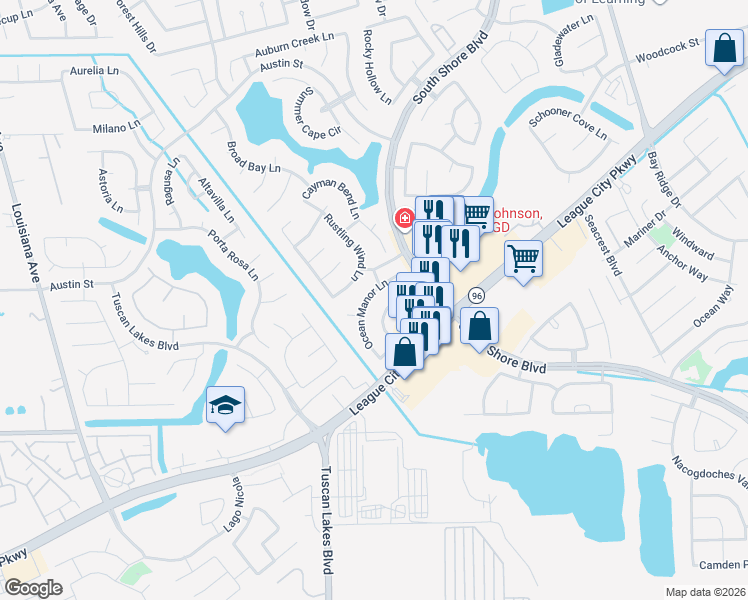 map of restaurants, bars, coffee shops, grocery stores, and more near 1285 Ocean Manor Lane in League City