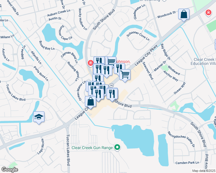 map of restaurants, bars, coffee shops, grocery stores, and more near 2629 East League City Parkway in League City