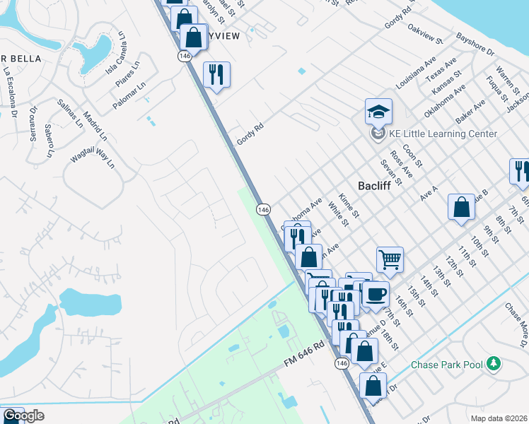 map of restaurants, bars, coffee shops, grocery stores, and more near 4047 Texas 146 in Bacliff