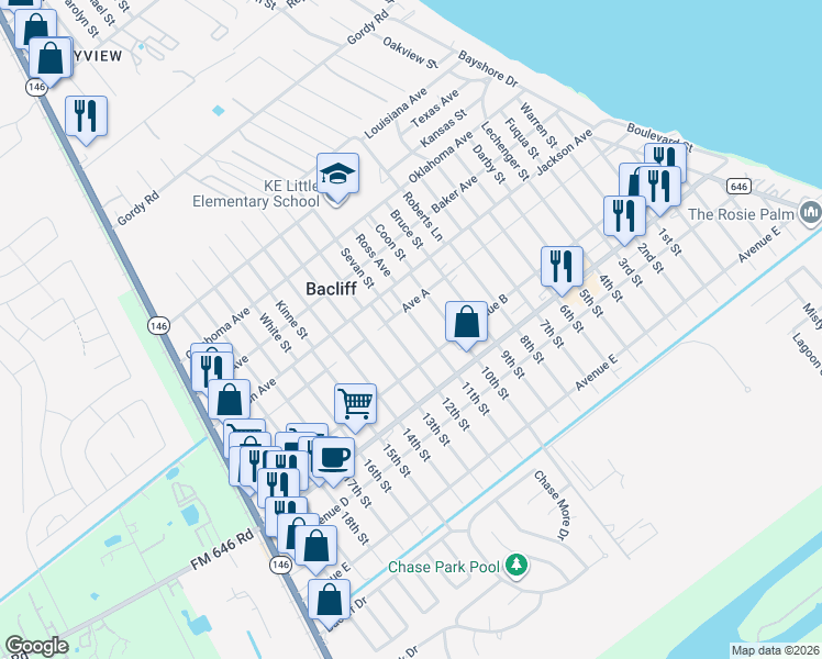 map of restaurants, bars, coffee shops, grocery stores, and more near in Bacliff