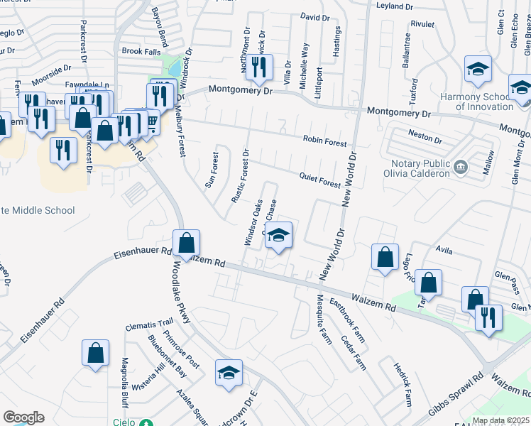 map of restaurants, bars, coffee shops, grocery stores, and more near 7572 Oak Chase in San Antonio