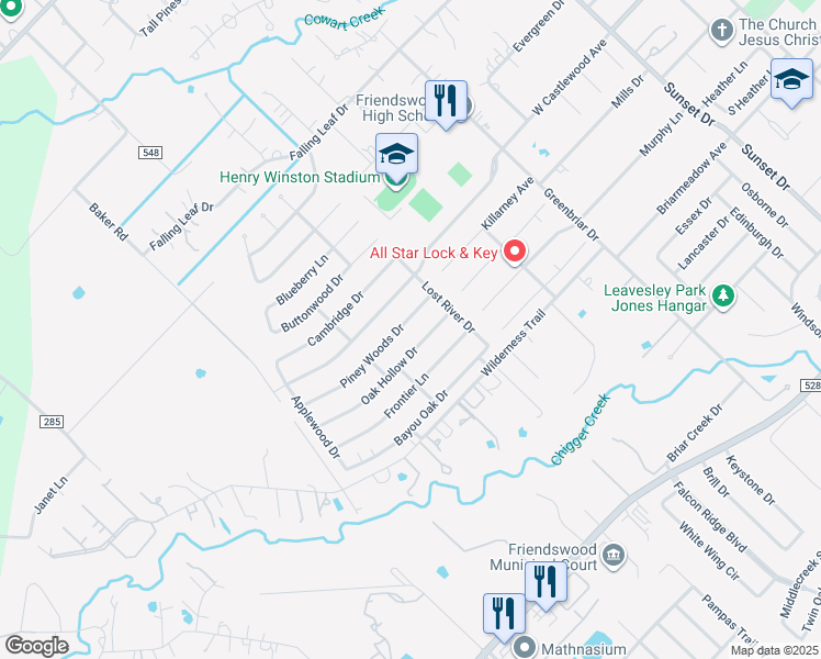 map of restaurants, bars, coffee shops, grocery stores, and more near 1308 Piney Woods Drive in Friendswood