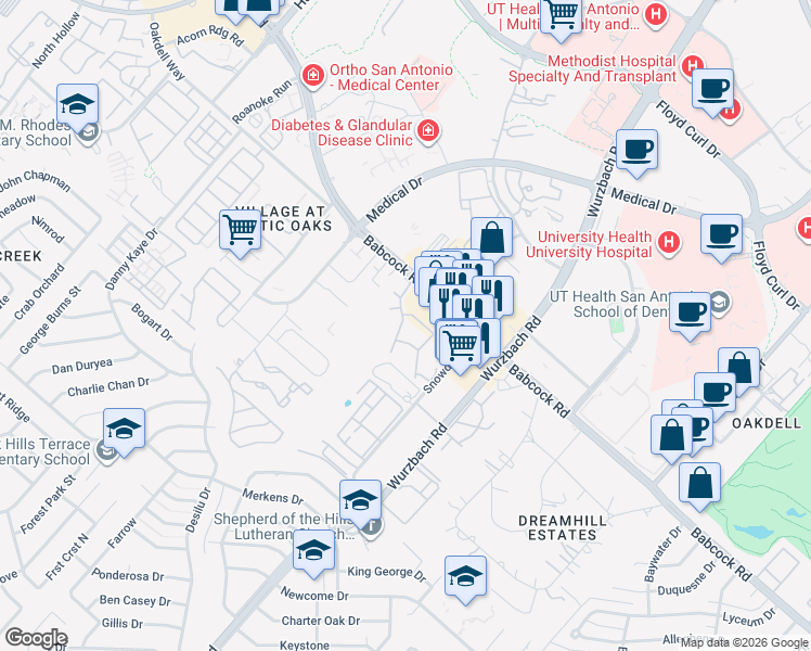 map of restaurants, bars, coffee shops, grocery stores, and more near 2502 Babcock Road in San Antonio