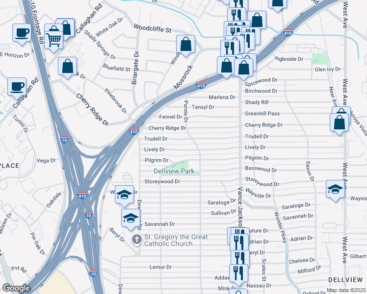 map of restaurants, bars, coffee shops, grocery stores, and more near 514 Lively Drive in San Antonio