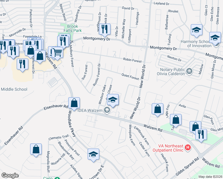map of restaurants, bars, coffee shops, grocery stores, and more near 7572 Oak Chase in San Antonio