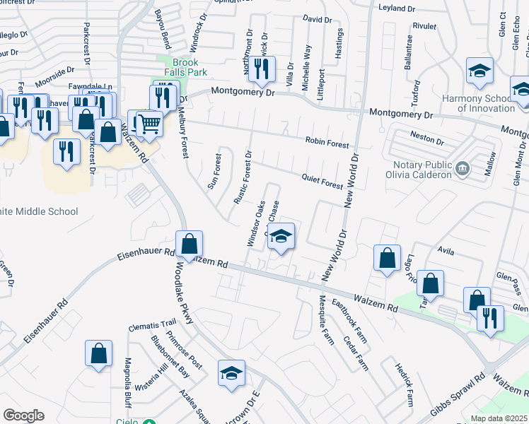 map of restaurants, bars, coffee shops, grocery stores, and more near 7572 Oak Chase in San Antonio