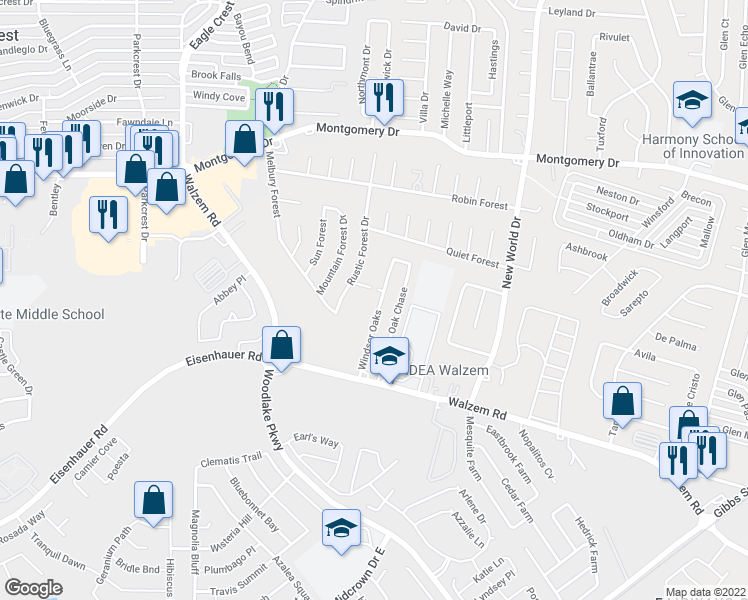 map of restaurants, bars, coffee shops, grocery stores, and more near 7555 Windsor Oaks in San Antonio