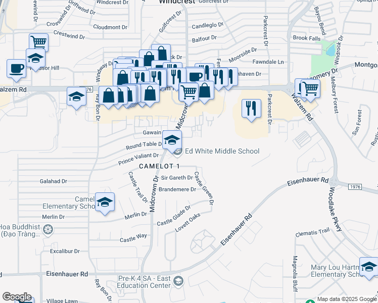 map of restaurants, bars, coffee shops, grocery stores, and more near 7800 Midcrown Drive in San Antonio