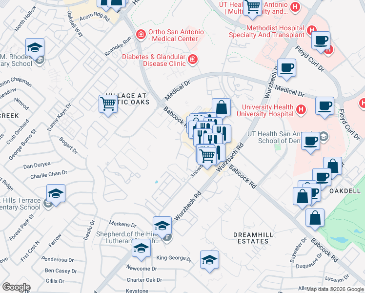 map of restaurants, bars, coffee shops, grocery stores, and more near 2502 Babcock Road in San Antonio