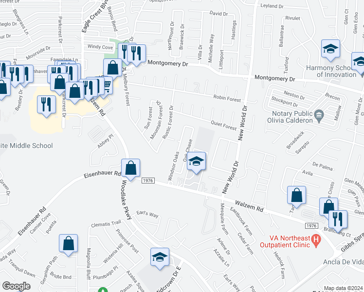 map of restaurants, bars, coffee shops, grocery stores, and more near 7584 Windsor Oaks in San Antonio