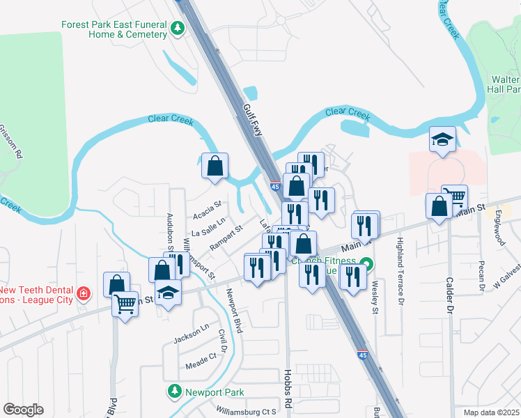 map of restaurants, bars, coffee shops, grocery stores, and more near 1803 Rampart Street in League City