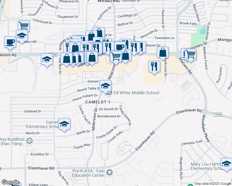 map of restaurants, bars, coffee shops, grocery stores, and more near 7800 Midcrown Drive in San Antonio
